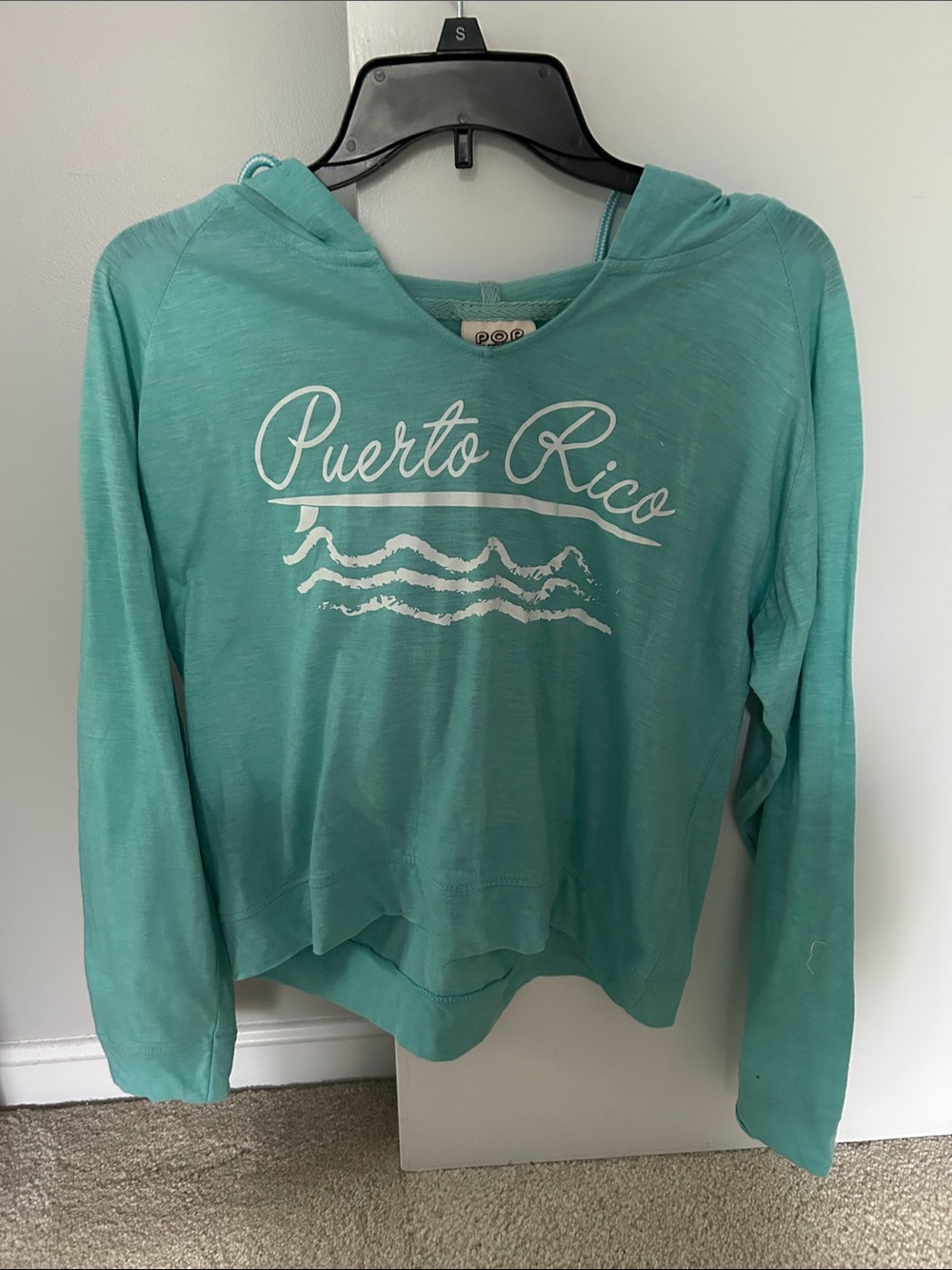 pop Teal Hooded Women's Top with White Puerto Rico Graphic